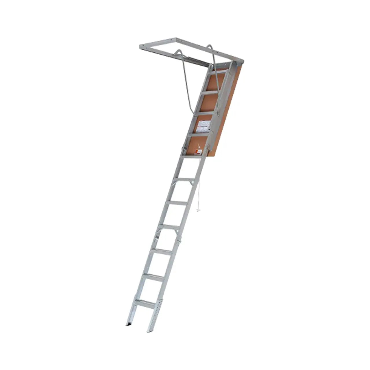 A Go Build Aluminum Attic Ladder (7.75 ft. to 10.25 ft., 375 lbs. capacity) is extended downward from a wooden attic hatch, shown isolated on a white background.